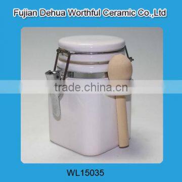 Cheap white ceramic canister with wooden spoon for customing