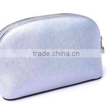 Kind workmanship Genuine leather silver makeup bag metal zipper closure