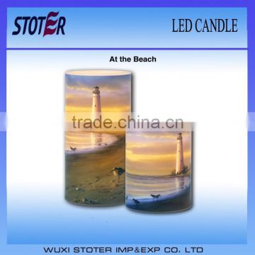 cheap led candle with Beach design printed/customized design/battery operated candle