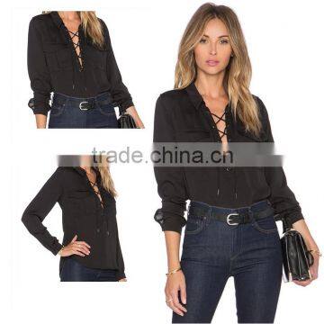 Womens Classic Long Sleeve Ruffled Shoulder Solid Chiffon Blouse photo-4