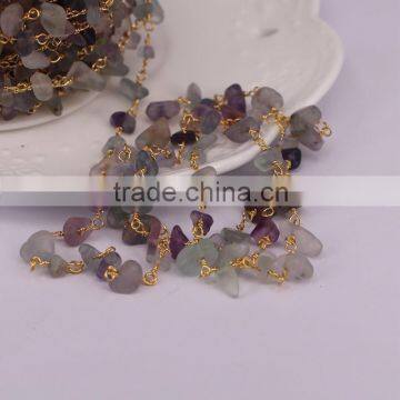Natural Fluorite Nugget Quartz Chip Bead Rosary Chain, Gold Plated Wire Wrapped Chain