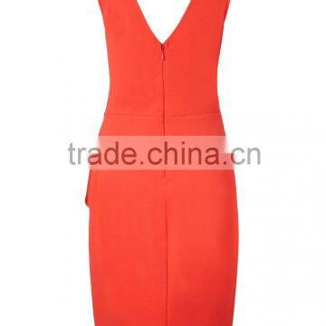 Women Sleeveless Pleated V Back Zip Shift Peach Pink Dress photo-3