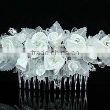 Bridal Handmade White Rose Fabric Crystal Hair Comb CT1394