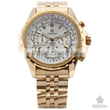 ORKINA Men's Stopwatch Chrono Golden Stainless Steel Casual Quartz Wrist Watch