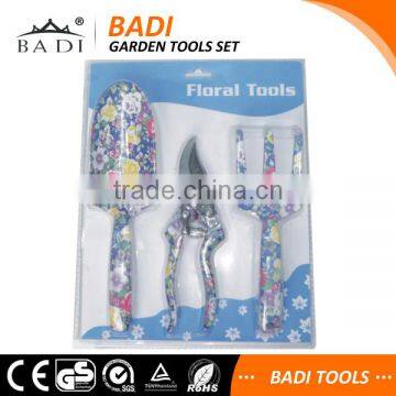 3 pcs set aluminum german floral garden tools set with blister packing and pruning shear/towel/fork