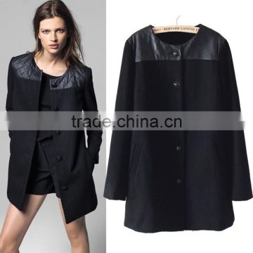 New Fashion winter coat women 2015 Patchwork Pockets Long Simple Overcoat Outerwear Black