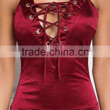 MGOO New Designs 2017 Lace Up Cross Strap Bodysuits Burgundy Satin Playsuits 2017 Summer Designs Beach Style photo-4