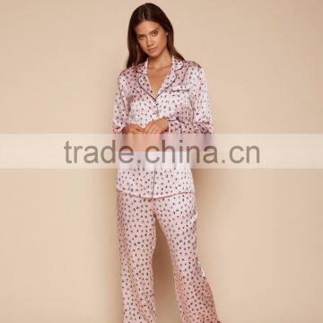 2017 MGOO Customized Pattern Printing Silk Pyjamas Long Sleeve Piping Pocket Satin Sleepwear Set For Women photo-5