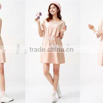 Women Sweet Pink Knitting Piece Before Printing the Waist Rope Bat Sleeve Dress photo-3