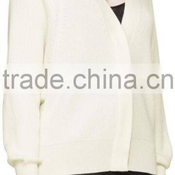 Raglan Sleeve Y-Neck Collared Ivory White Rib Knit Cashmere Cardigan for Women photo-3