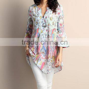 New Design Women Tops With Light Blue Paisley Chiffon Notch Neck Bell-Sleeve Tunic Women Blouse Women Clothes GD90426-29