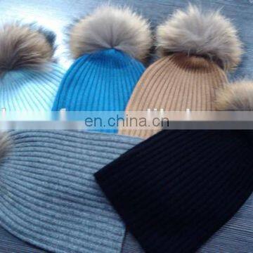 Wholesale cashmere beanie hat with detachable raccoon fur pom poms