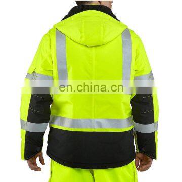 Hi Vis Reflective Safety Rain Men Jacket Long Waterproof Rain Jackets With Fixed Hood
