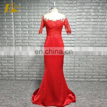 Real Sample Pictures Sheer Neckline Half Sleeve Red Women Evening Dresses 2017