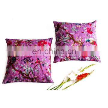 Indian Handmade Kantha Cushion Cover Throw Bird Print Decorative Kantha Floral Cushion Covers