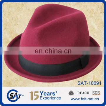 2015 fashion red wool felt homburg hat with ribbon