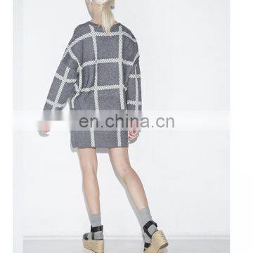 Manufacture Wholesale Clothing With Grey Grid Check Stripe Long Sleeve Mini Knit Dress Bureau photo-3