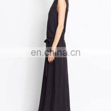 Plain Black Casual Flare Maix Dress v Neck Sleeveless Tie Waist Dress for Woman photo-3