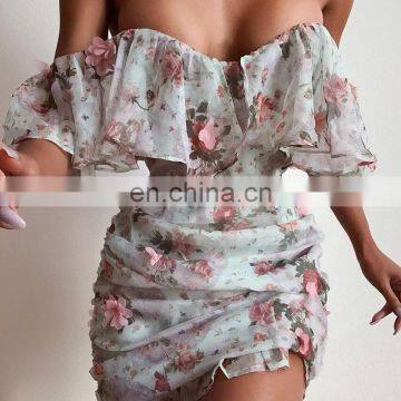 New Arrivals 2020 Women Backless Off Shoulder Floral Dress Lady Mini Print Casual Summer Dresses photo-5