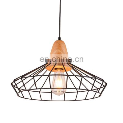 Retro Wood Base Pendant Light Metal Shade Restaurant Office Hanging Lamp