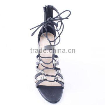 Mixed Snakeskin Upper High Heel Lady Lace up Gladiator Sandals With Back Zipper photo-3