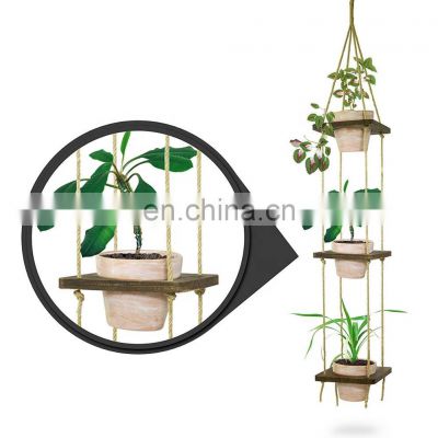 3 Wooden Layers Hanging Planter Holder Shelf Floating Shelves Handcrafted Wood with Rope and Hanger