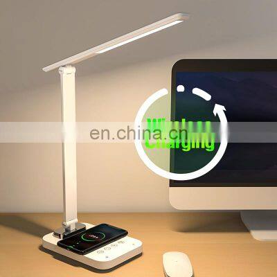 Dimmable Office Table Bedside Desk LED Study Night Light Lamp Mobile Cellphone Charging Led Desk Lamp With Wireless Charger