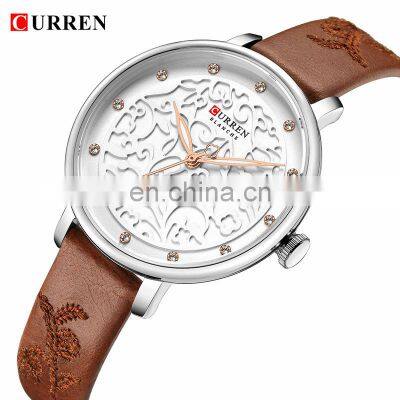 CURREN 9046 Women Simple Flower Pattern Elegant Watches Ultra Thin Dial Quartz Leather Fashion Wristwatch