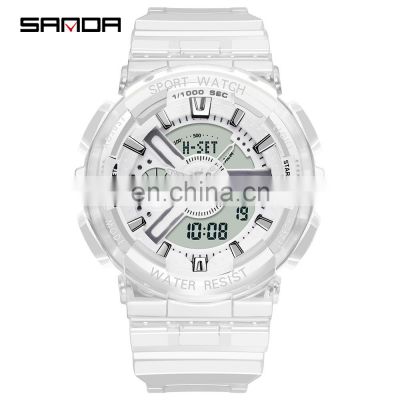 SANDA 298 high quality white unisex digital watch designer Silicone band Waterproof 2 time zone low moq lovers wristwatch