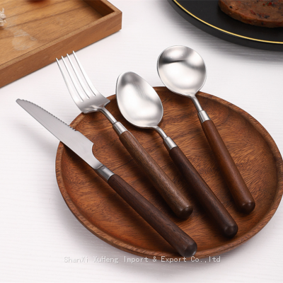 High Quality Wholesale China Factory Price Set of 4 Pieces Plated Silverware Cutlery Set Stainless Steel With Round Wood Handle Dinner Knife Fork Spoon photo-4