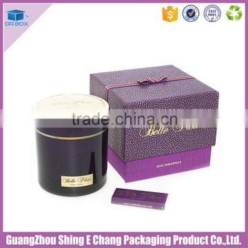 Beatuiful design luxury custom hot stamping logo and special paper printed box for round candle/candle box with ribbon