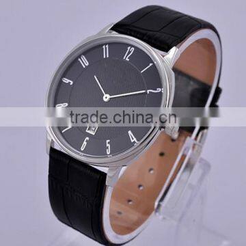 Mans business watch stainless steel case black genuine leather strap watch