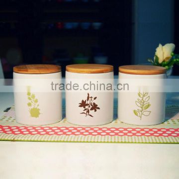 S/3 White Ceramic Canister Set with Bamboo Lid