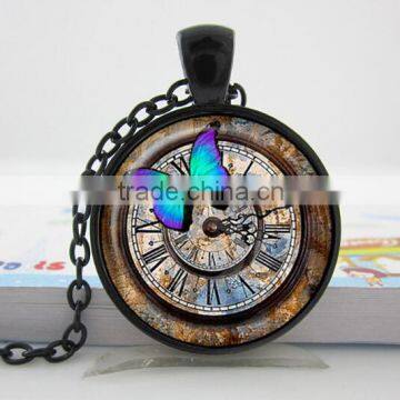 Black Steampunk clock pendant Steampunk watch necklace Steampunk clock photo glass dome jewelry                        
                                                Quality Choice