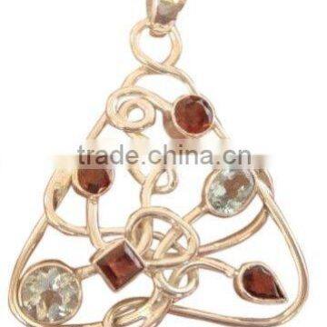 Sterling Silver Blue Topaz & Garnets Pendant , Semiprecious Pendant K1202