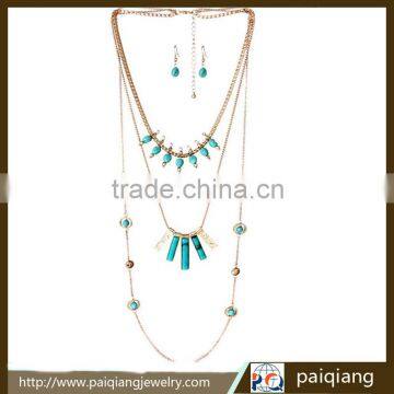 Stylish bohemian style multilayer imitation turquoise long necklace and earring jewelry sets