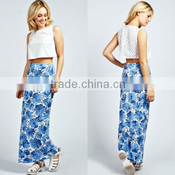 Fashion Blue Flower Print Maxi Skirt / Latest Skirt Design Pictures Woman Long Skirt