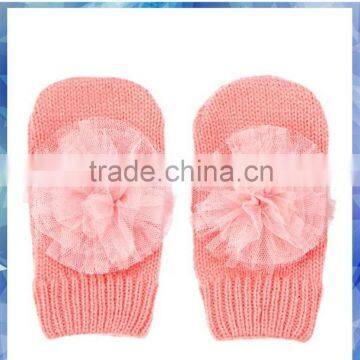 pink plain knitted cotton hand gloves mitten with flower