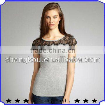 lace trimmed knitted grey ladies t shirt