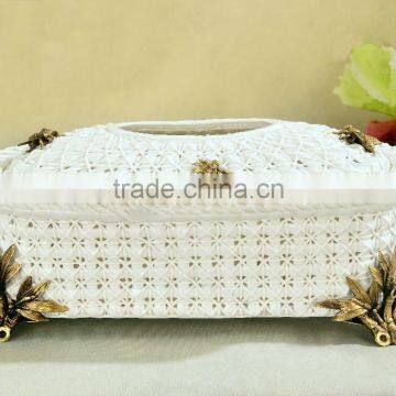 White color basket design golden brass insect decorative ceramic tissue box