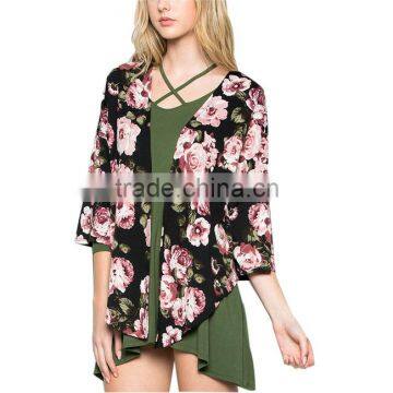 Top Selling Products In Alibaba Trendy Style Soft Cardi Breezy Black Floral 3/4 Sleeve Knitwear Cardigan