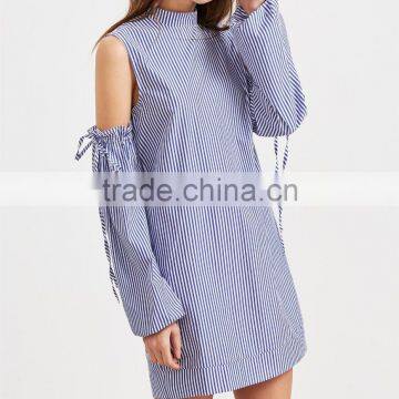 Blue Striped Open Shoulder Ruffle And Drawstring Sleeve Dress Women Casual Dress Spring Summer Long Sleeve Dress