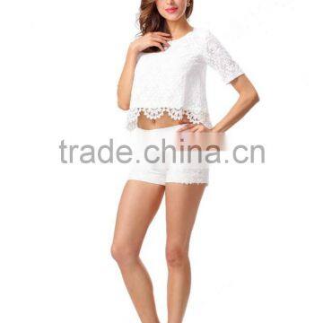 Fashion Design Crochet Scallop Hem Crop Top And Short 2pcs Co-ord Set