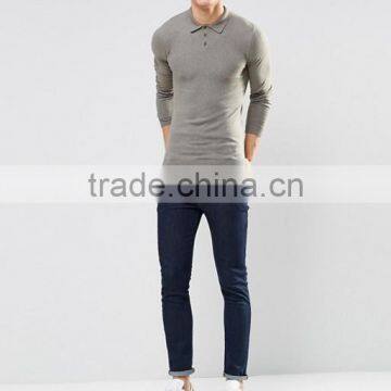 Custom Long Sleeve Three Button Placket Men's 100% Cotton 200gsm Lightweight Knit Casual Tight Slim Fit Grey Polo Shirt photo-4