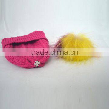 Myfur Rose Color Girls Winter Wool Hat With Removable Raccoon Fur Pom Pom photo-6