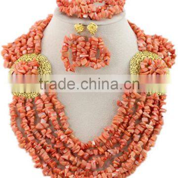 Gold-Plated 6Rows Coral Beads with Brooches Nigerian Jewelry Set