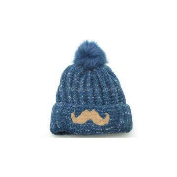 Quality Acrylic Contrast Color Jacquard Knitted Lady Flanging Hat With Pom and Embroidered Mustache photo-1