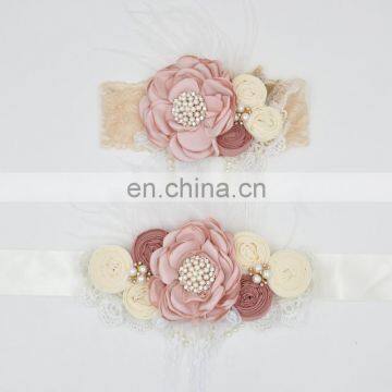 Ivory Sash Headband Set Beaded Floral Crown Cream Lace Headband With Feather Pearl Sash Belt For Wedding