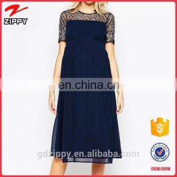 Short Sleeve Bead Top Detail Navy Chiffon Maxi Fashion Maternity Prom Dress