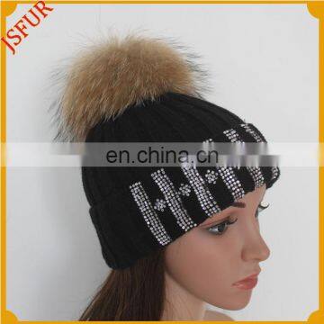 Jsfur Wholesale Rhinestone Fur Pom Pon Hat Knitted For Winter